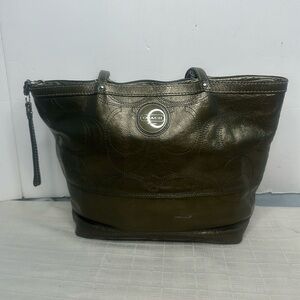 Coach Signature Green Patent Leather Logo Top Handle Zipper Tote Shoulder Bag